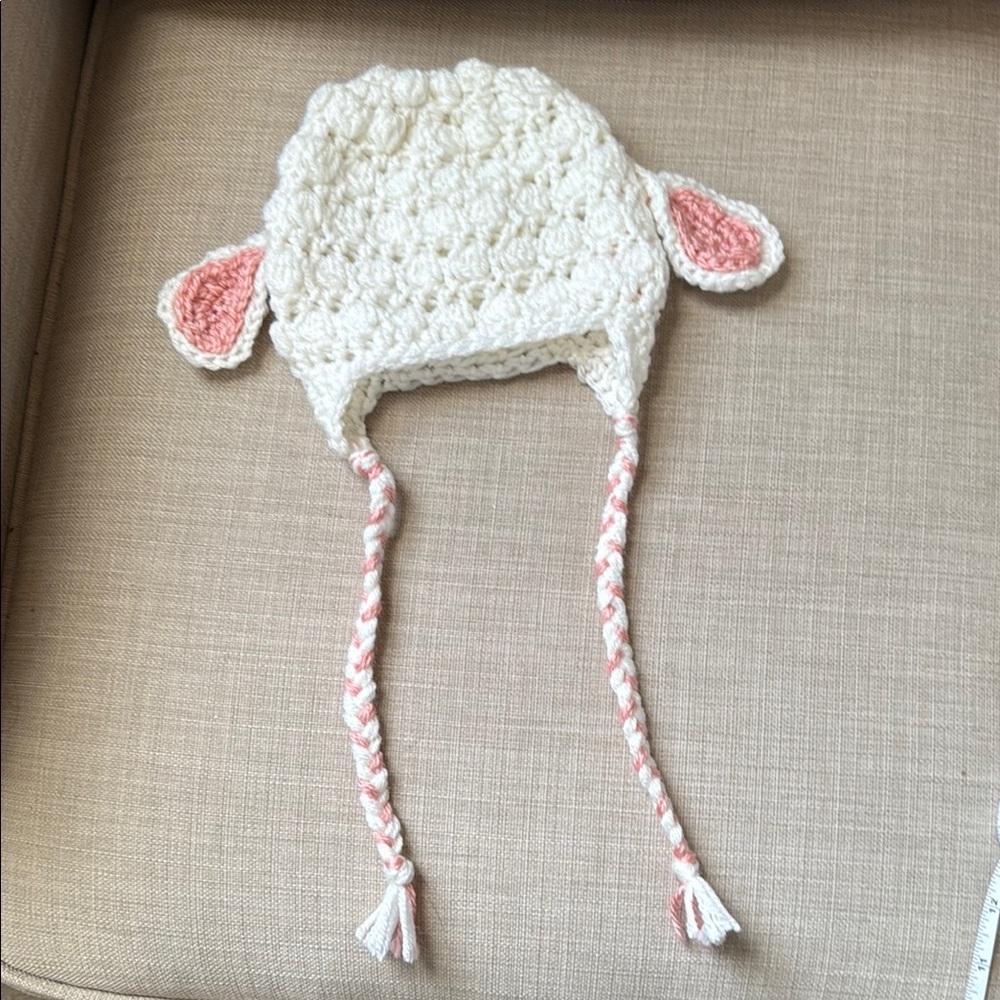 Adorable Little Lamb Cream and Pink Knit Kids Hat
